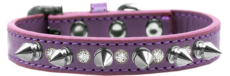 Crystal and Silver Spikes Dog Collar Lavender Size 16